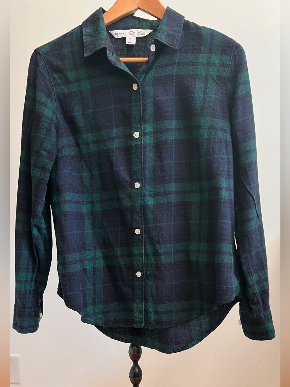 Old Navy 100% Cotton Navy and Green Plaid Button-Down Shirt